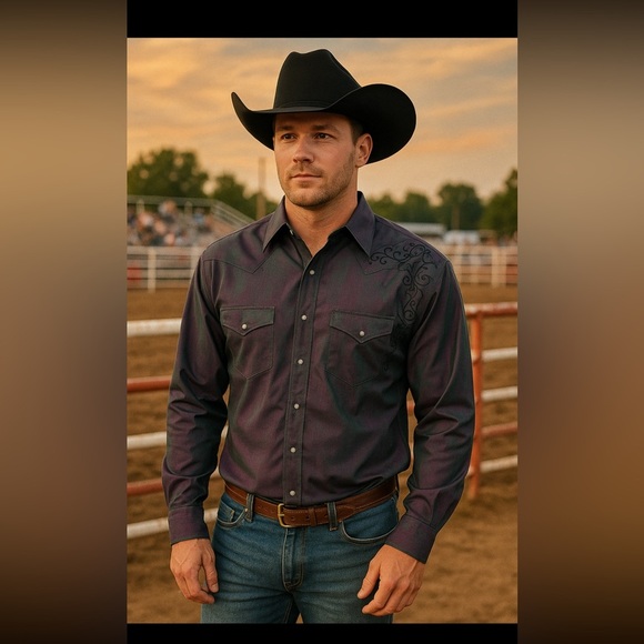 Wrangler Men's Casual Button Down Shirt - Deep Teal with Black Embroidery 0136 - Picture 6 of 6